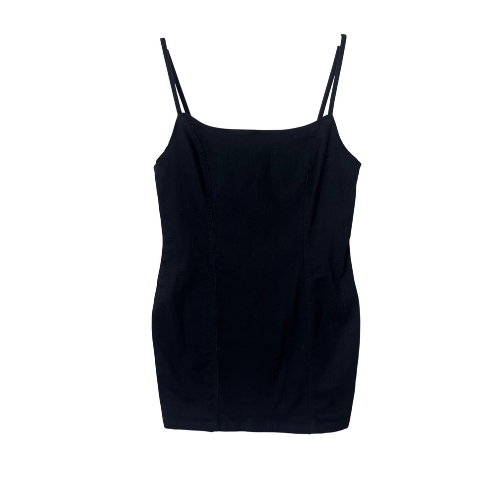 H&M Divided Black Denim Mini Dress Bodycon Spaghetti Strap Size L stretch NWT